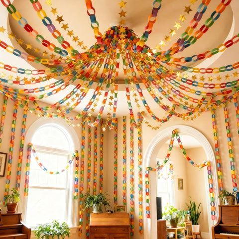Maitys 13ft mirror star garland hung as party backdrop.