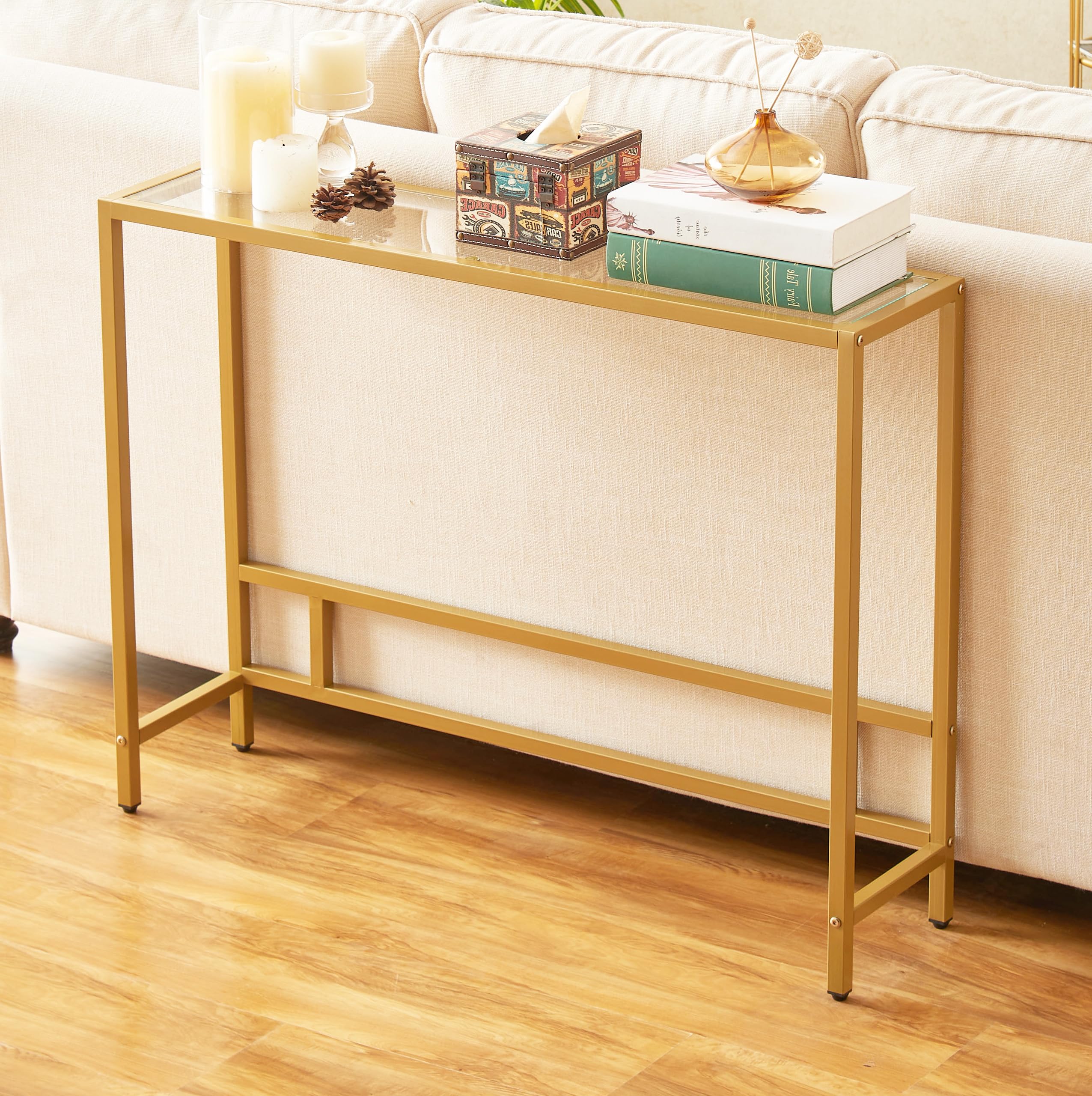 MAJARO console table entryway with a gold frame adds elegance while organizing daily essentials.