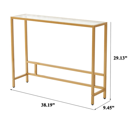 MAJARO sleek console table supports decor while keeping remotes and magazines within reach.