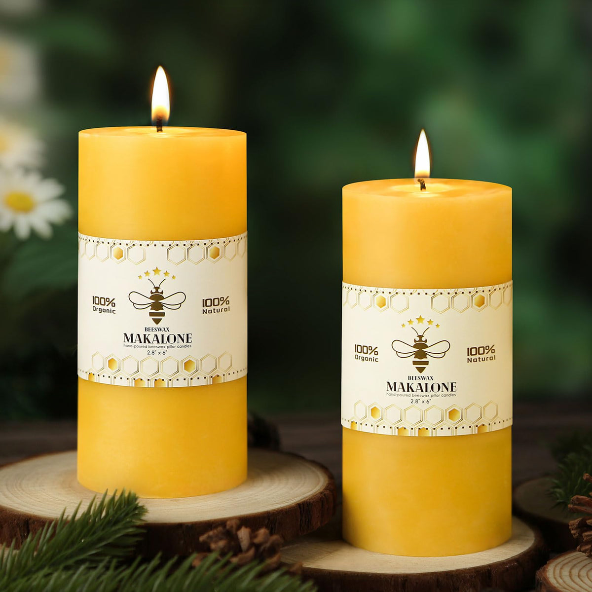 MAKALONE beeswax pillar candles in a 2-pack, 2.8x6in, for long-lasting warm ambiance.