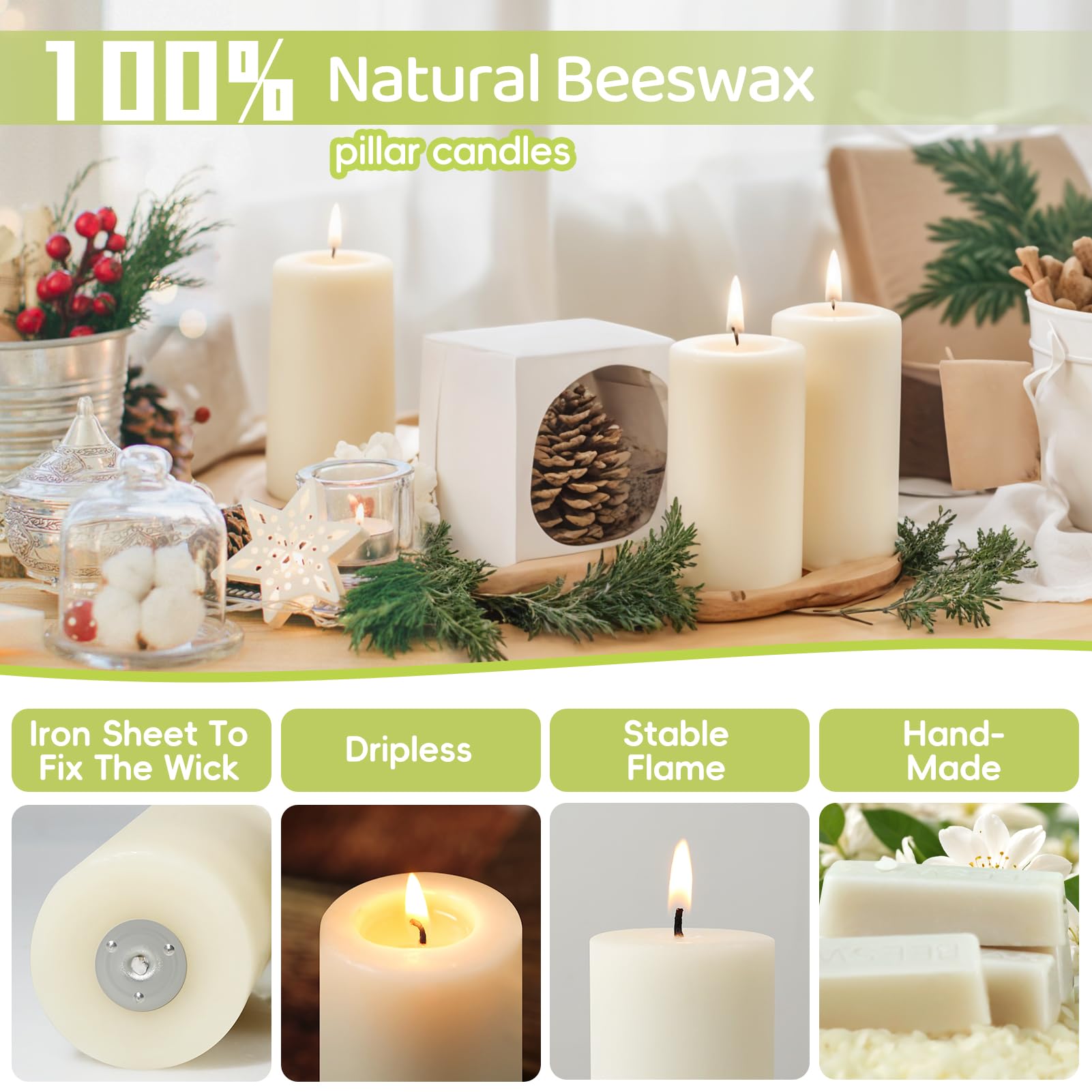 MAKALONE dripless beeswax pillar candle offers clean, mess-free burns.