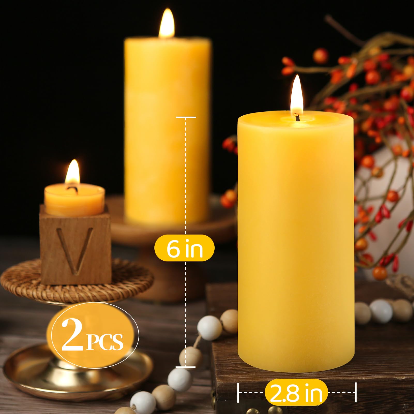 MAKALONE natural beeswax candles glow with warm color and subtle honey hue.