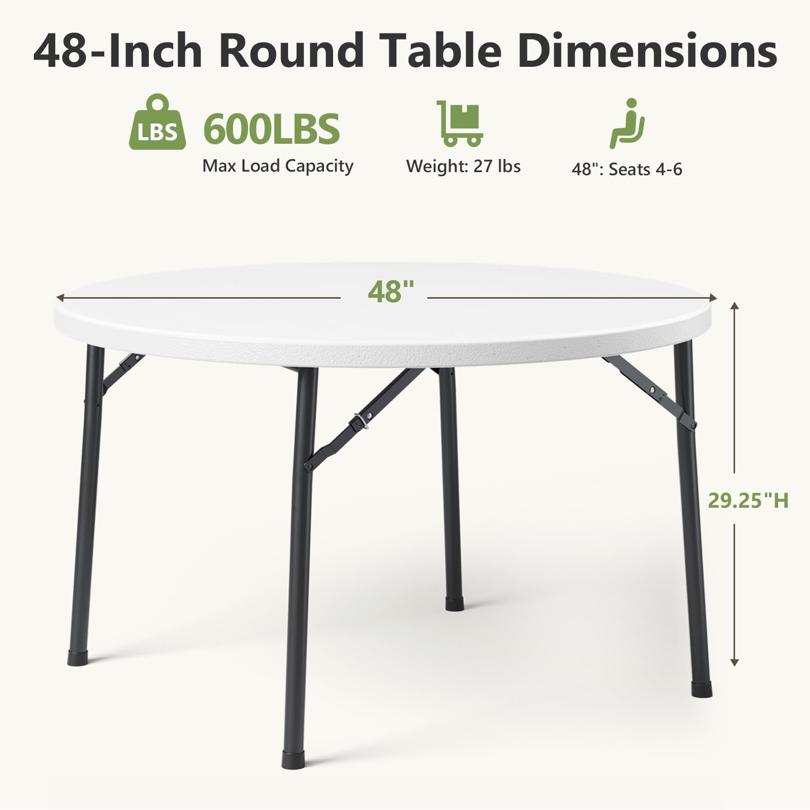 MAKE CHANGES 48-inch folding round table with folded legs, ready for compact storage.