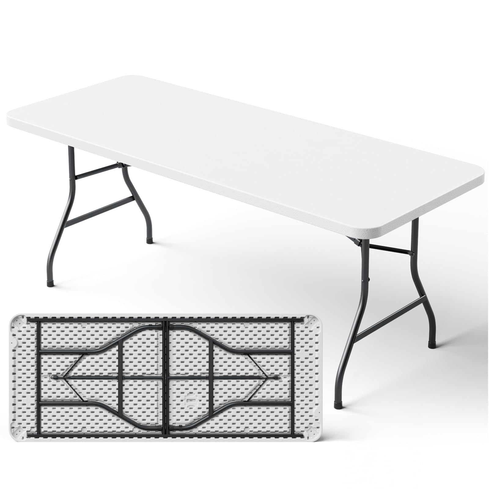 MAKE CHANGES 6ft folding table folded for compact storage and easy transport.