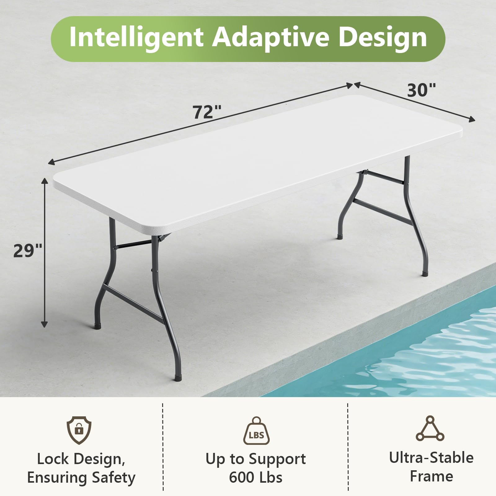 MAKE CHANGES 6ft folding table open as sturdy surface for meals or crafts.
