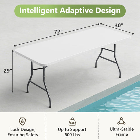 MAKE CHANGES 6ft folding table open as sturdy surface for meals or crafts.