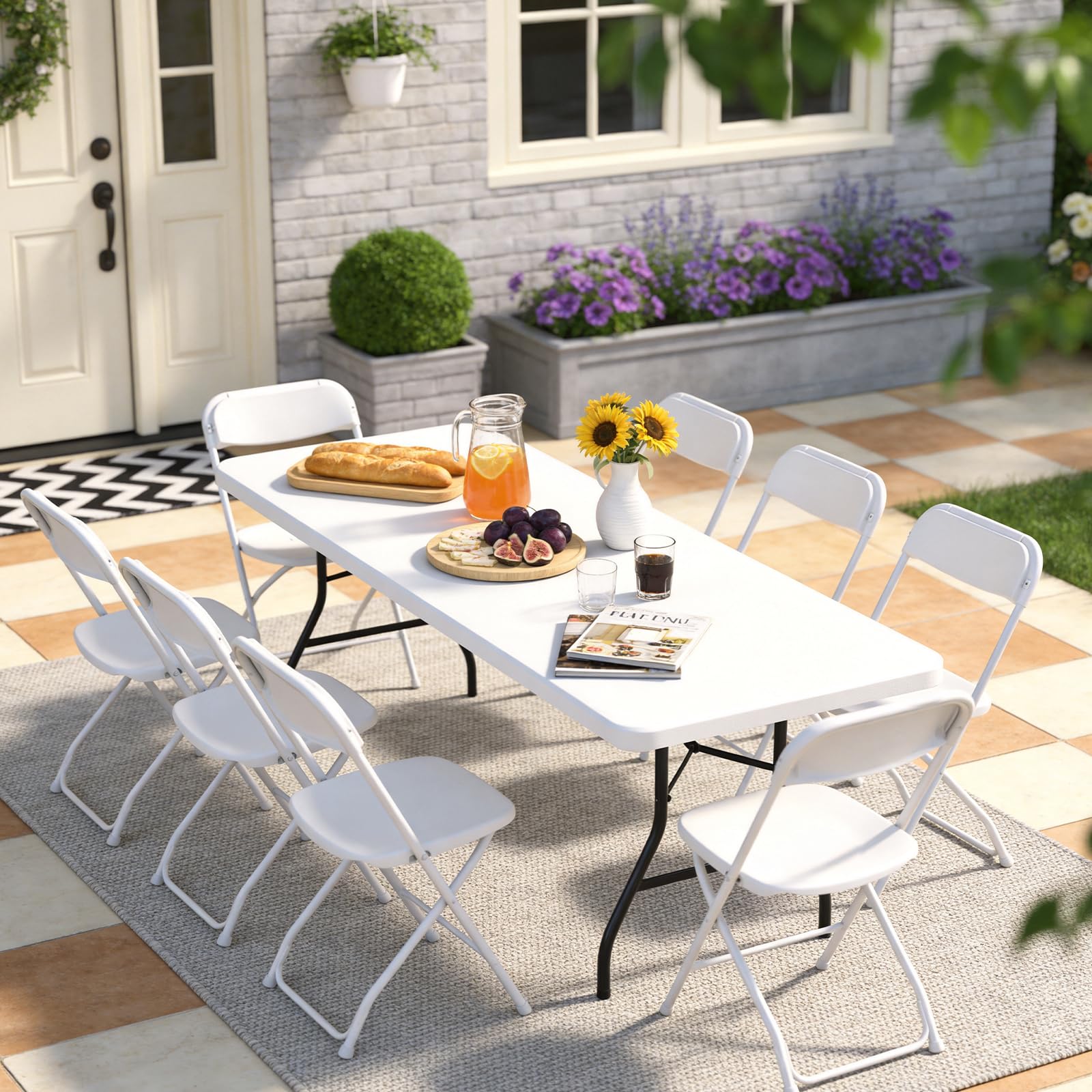 MAKE CHANGES 6ft folding table folded form for quick storage.