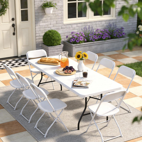 MAKE CHANGES 6ft folding table folded form for quick storage.