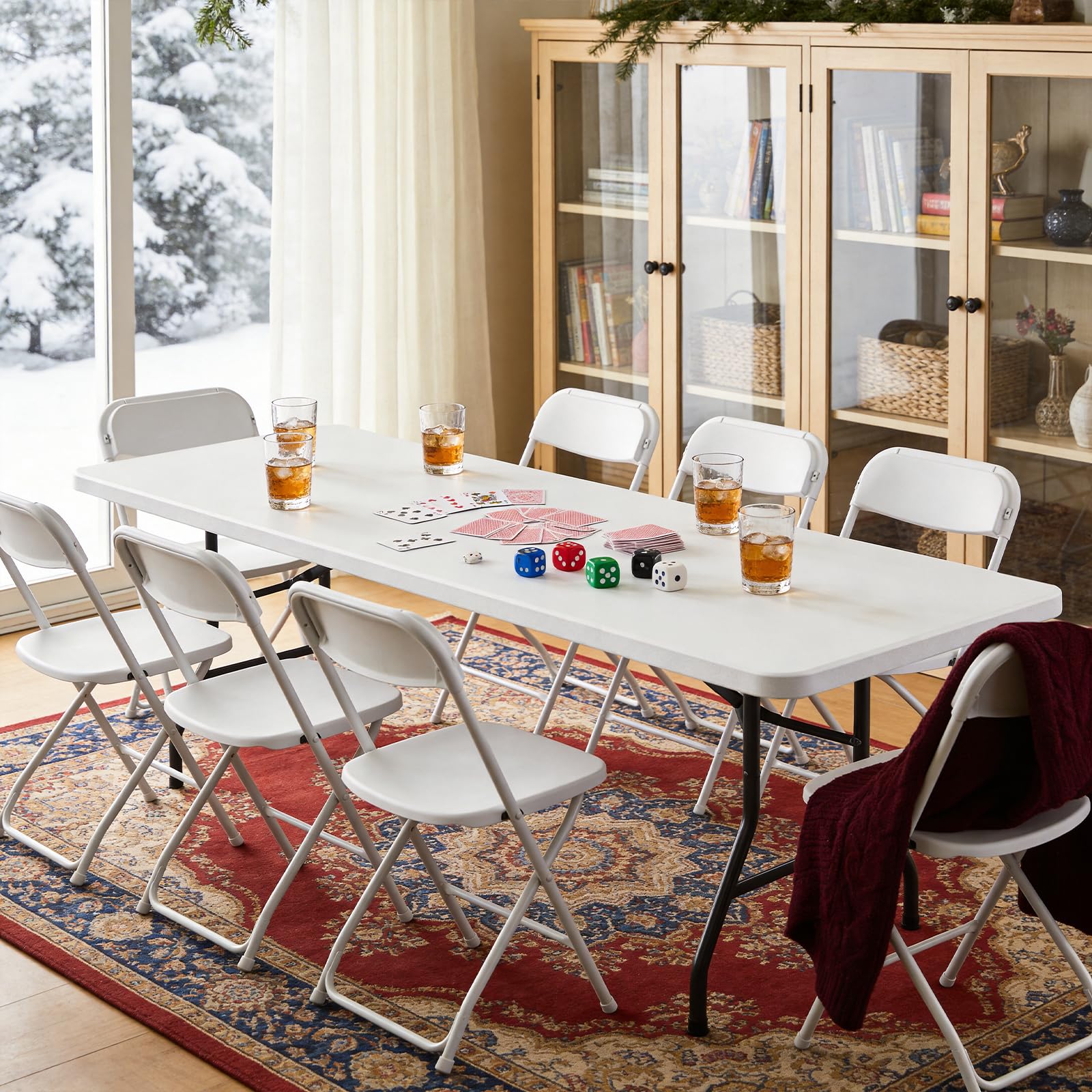 MAKE CHANGES 6ft folding table demonstrates up to 600 lb capacity.