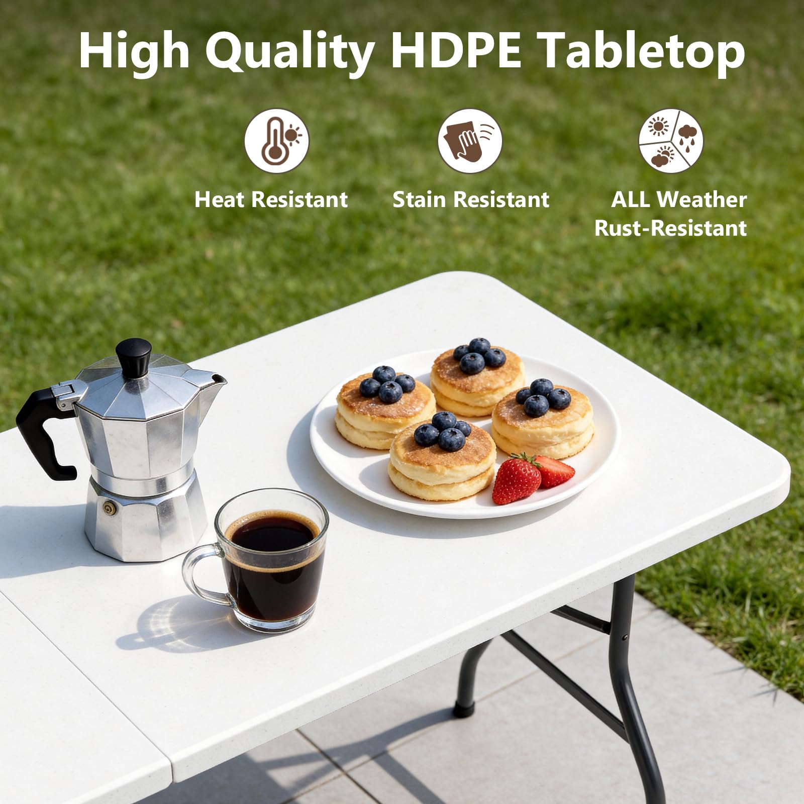 Make Changes fold-in-half table for versatile indoor and outdoor use.