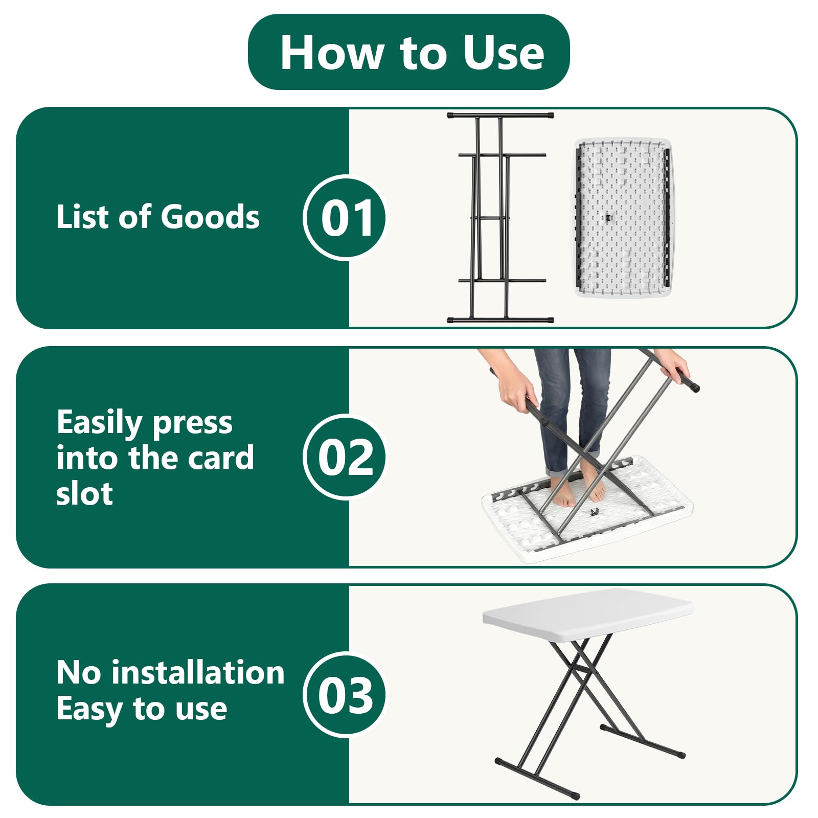 MAKE CHANGES folding table no-assembly design saves setup time