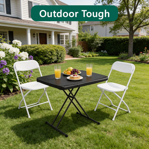 Make Changes folding table 30-inch height adjustment for three levels enhances comfort.