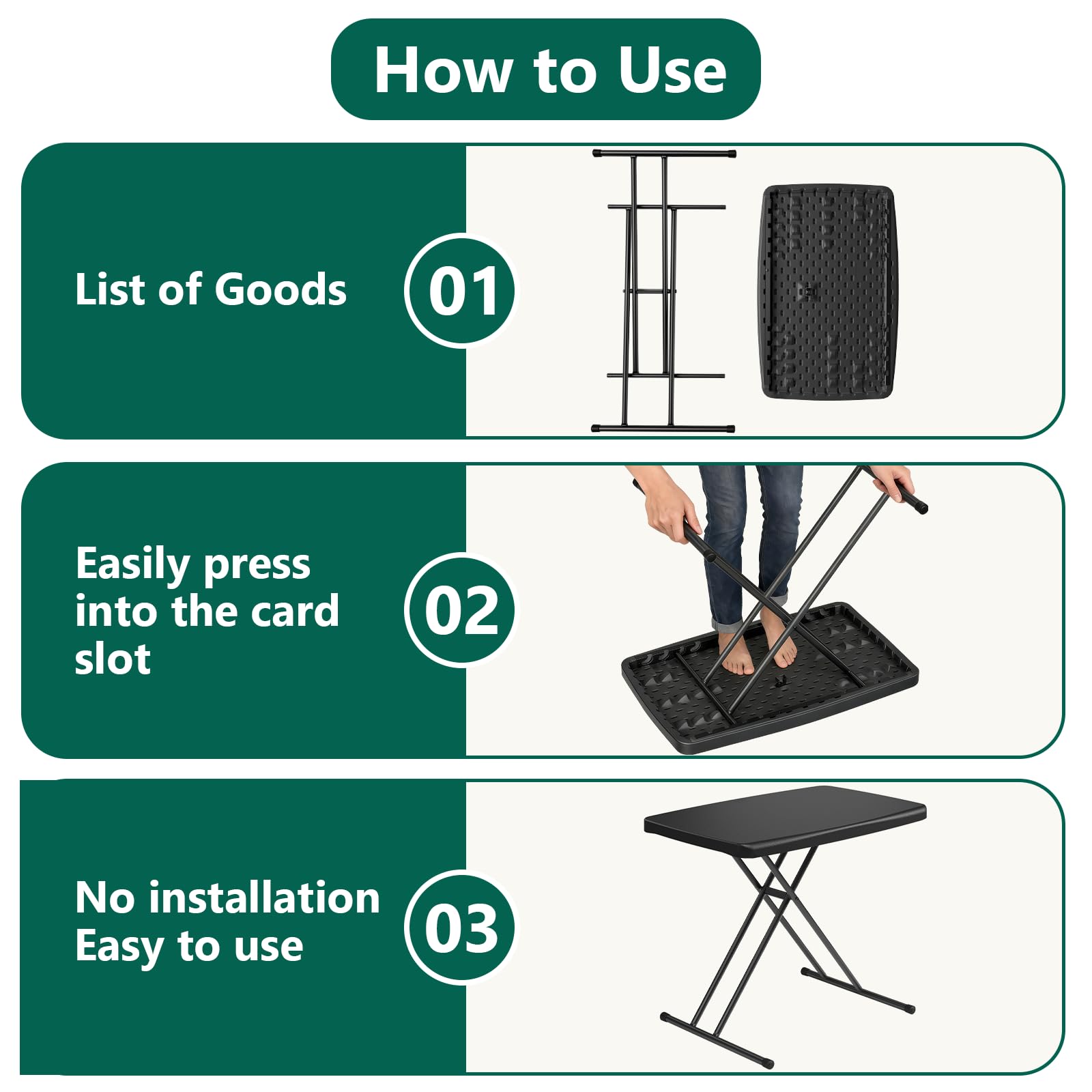 Make Changes folding table 30-inch suitable for indoor and outdoor use.
