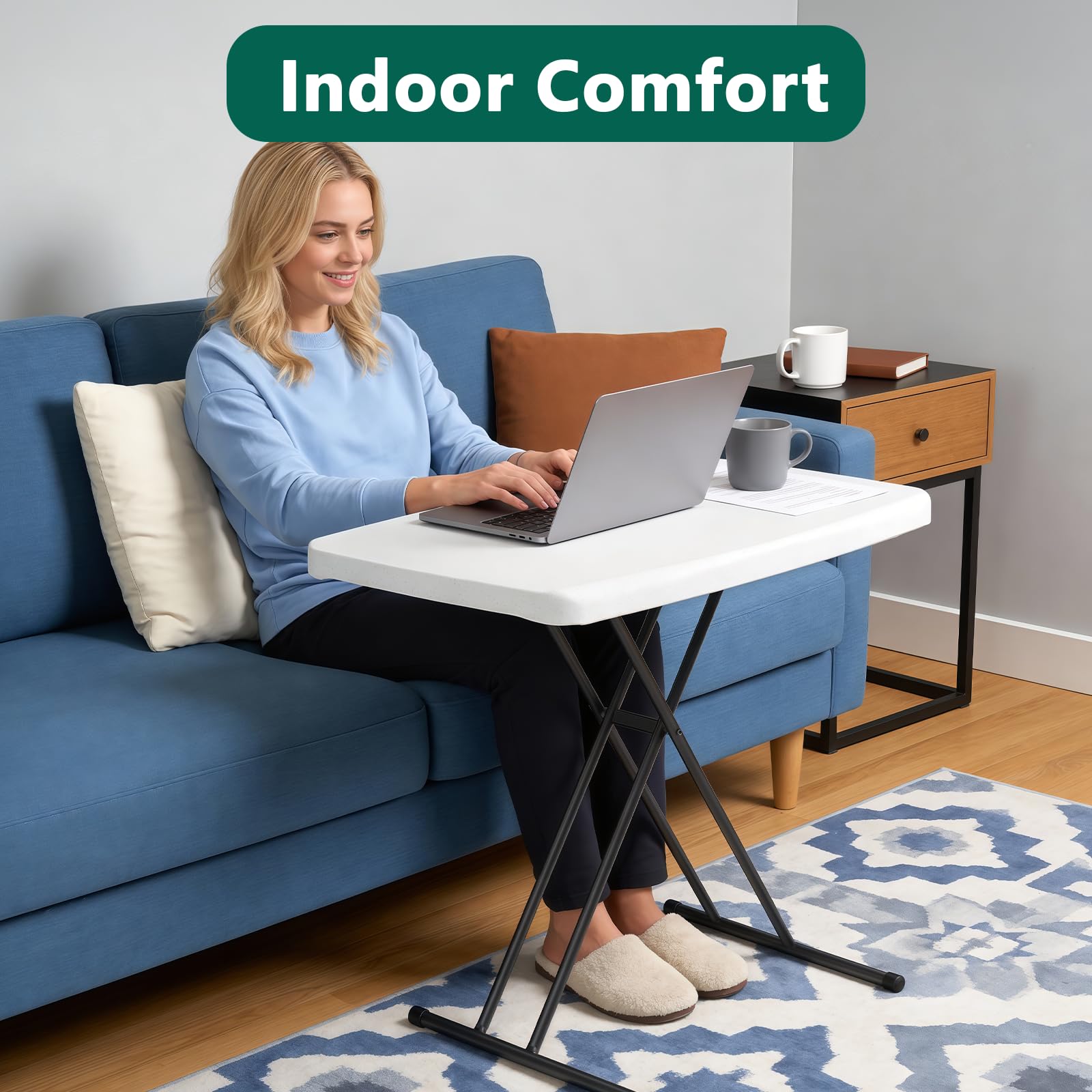 MAKE CHANGES folding table side angle demonstrates compact footprint and easy storage