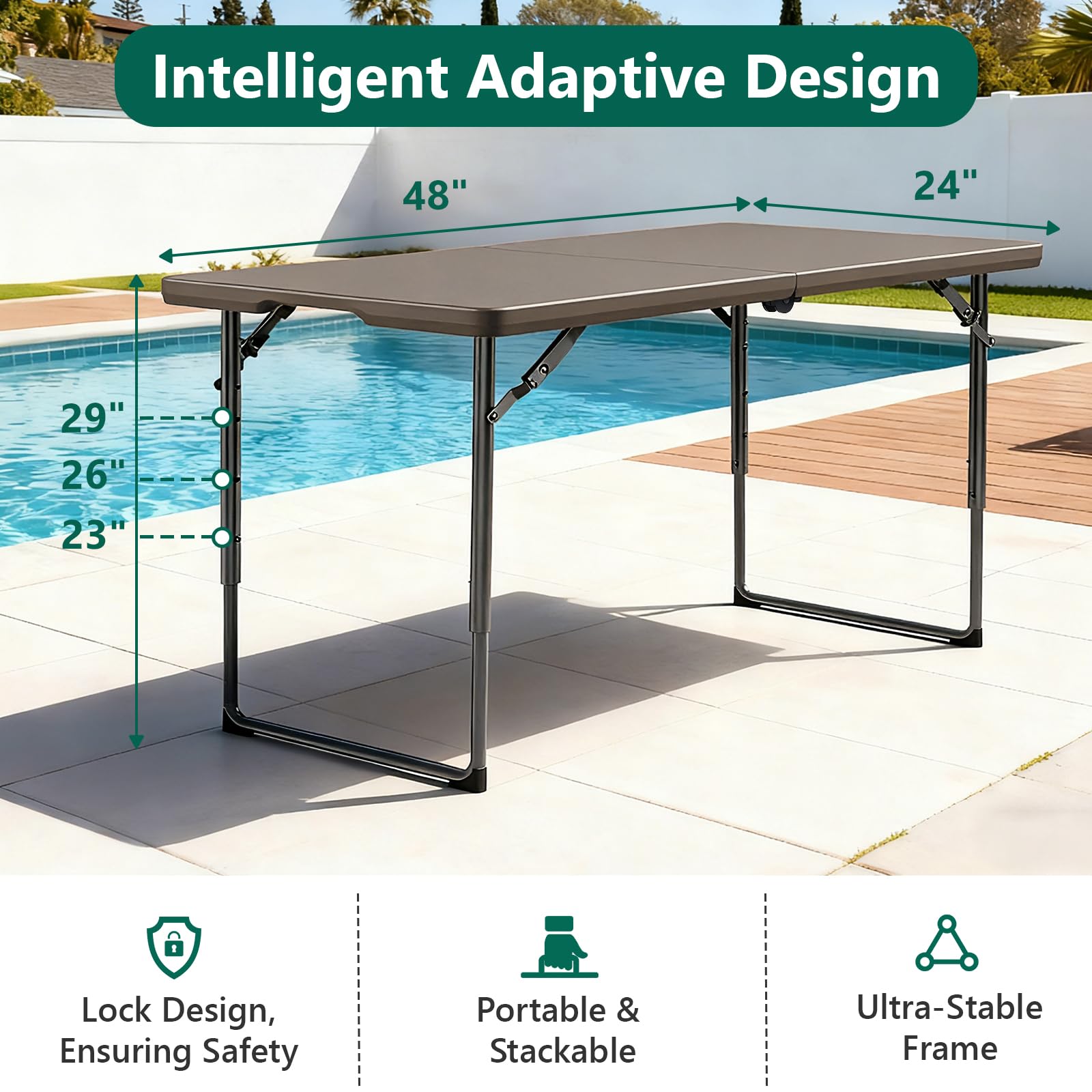 MAKE CHANGES folding table 4ft with legs extended for heavy-duty stability outdoors.