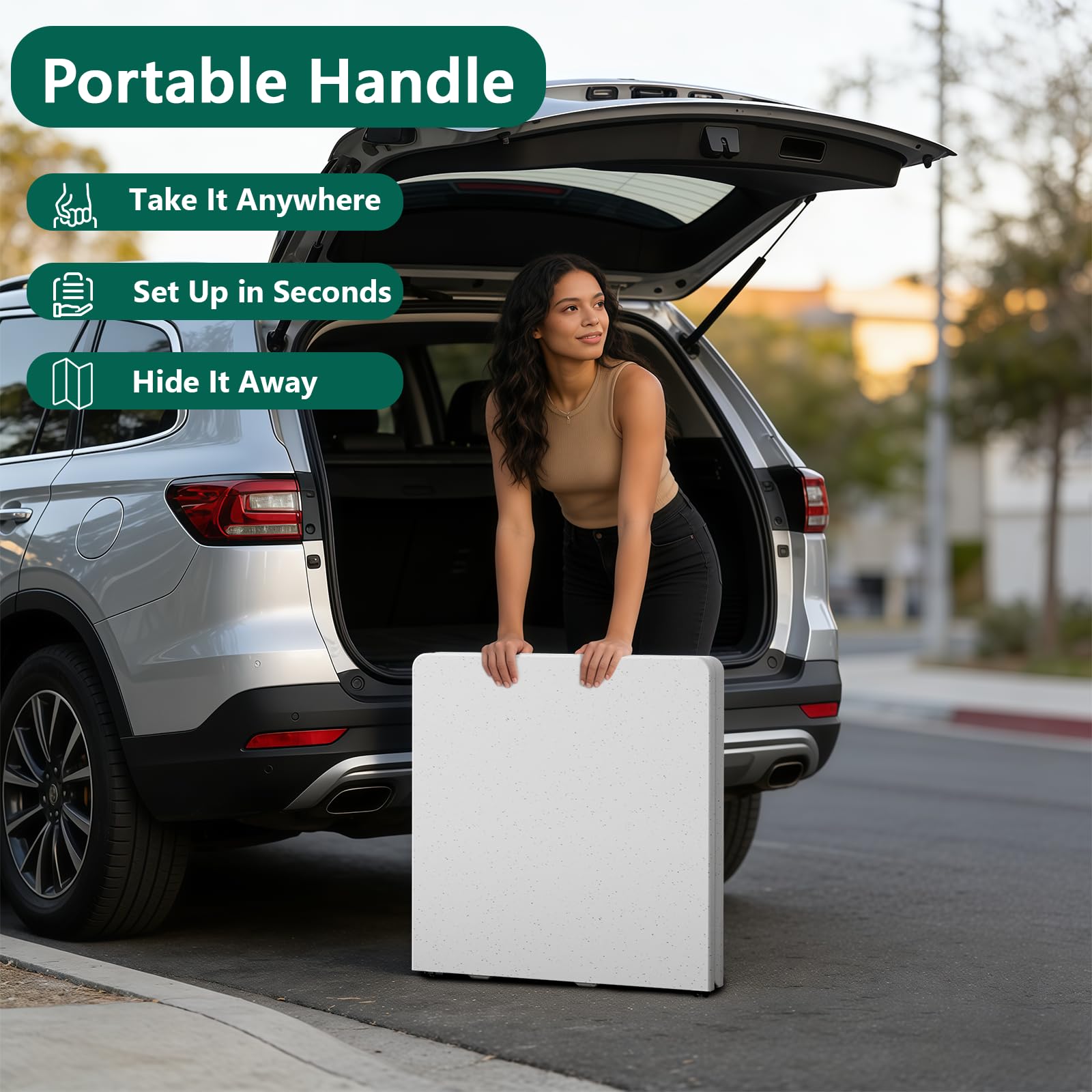 Make Changes folding table supports up to 300 lbs for heavy setups.