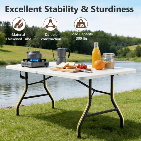MAKE CHANGES indoor-outdoor-table ideal for parties, picnics, or camping.