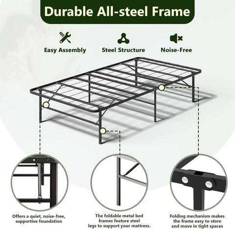 Make Changes twin foldable bed frame with 14-inch clearance, ideal for storage.