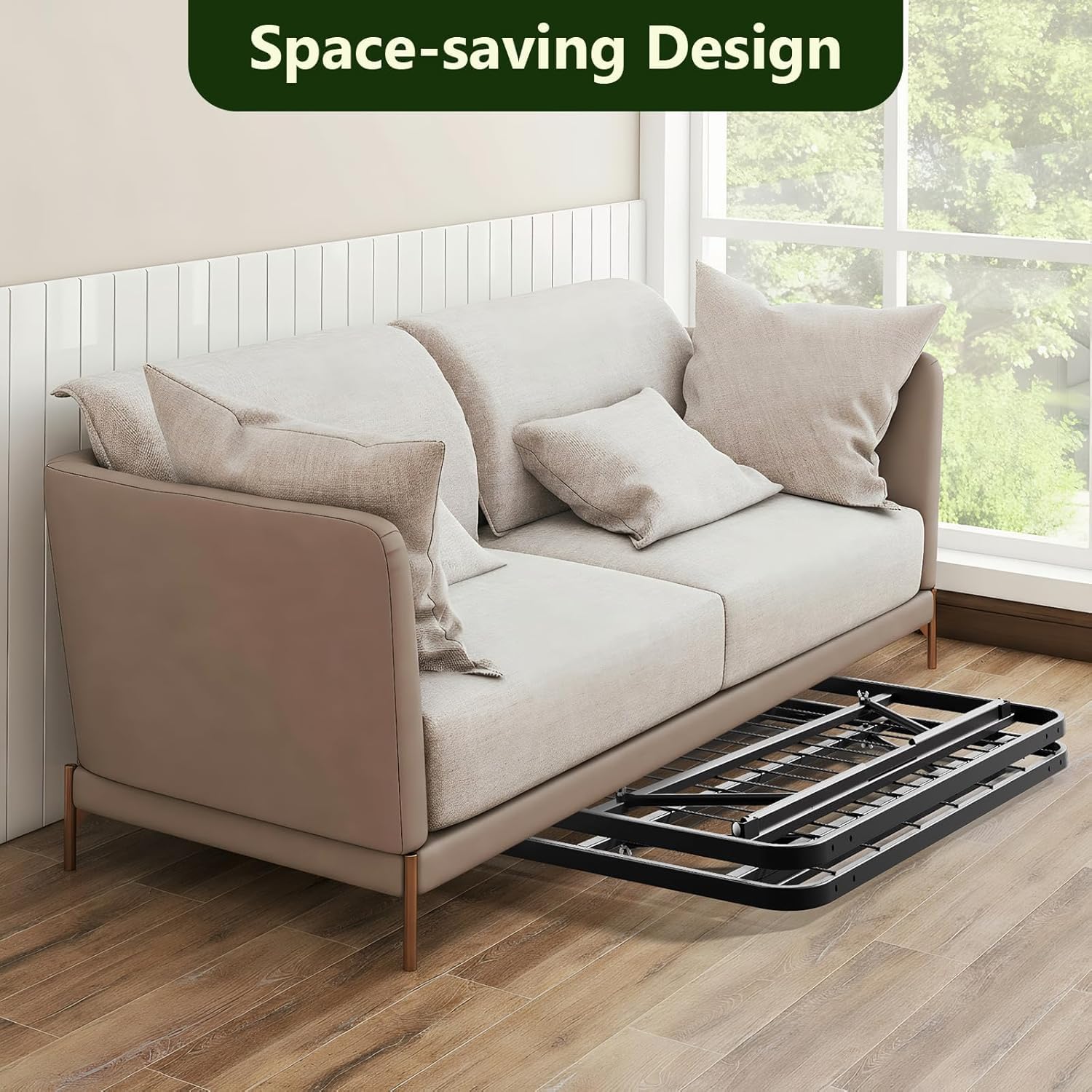 Make Changes twin foldable bed frame close-up on metal rails, durable steel construction.
