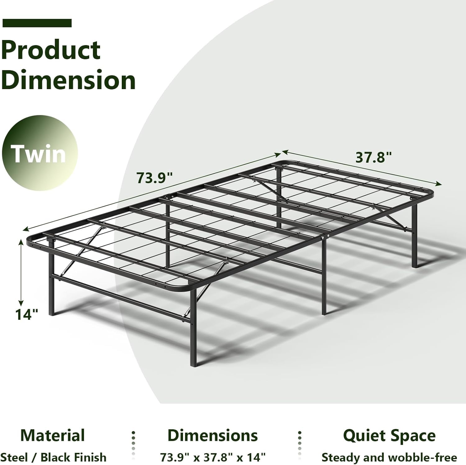 Make Changes twin foldable bed frame packaging highlights tool-free setup.