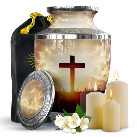 Malaika Memorials transcendent cross urn aluminum construction resists wear over time.