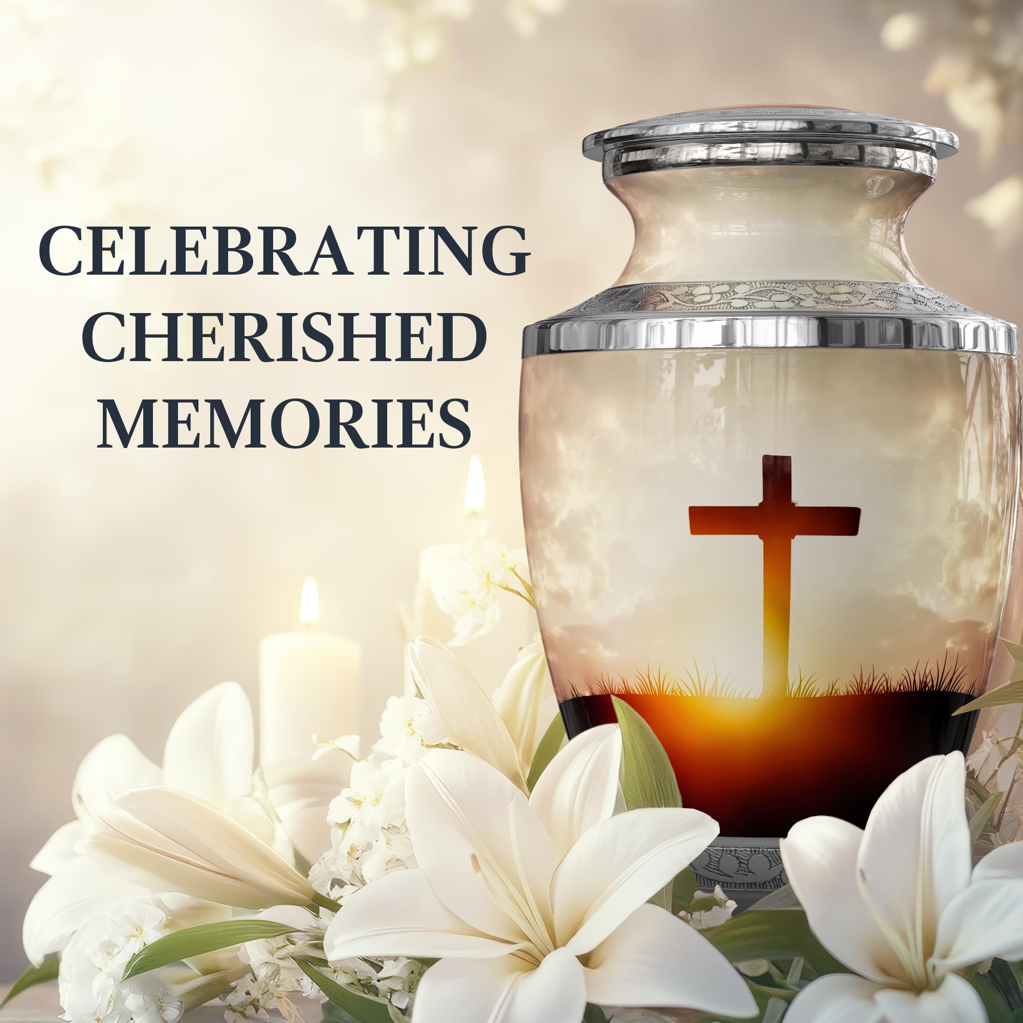 Malaika Memorials transcendent cross urn carved metal bands showcase refined craftsmanship.