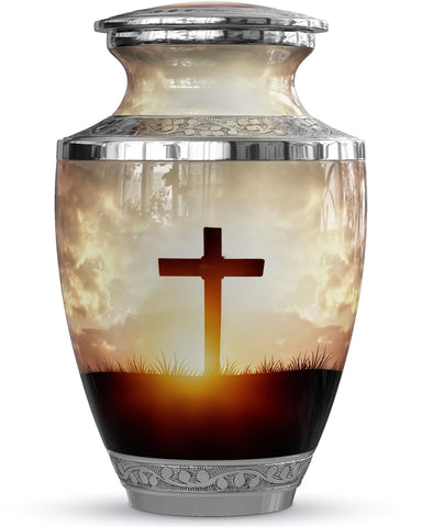 Malaika Memorials transcendent cross urn closeup highlights durable aluminum construction for lasting memorials.