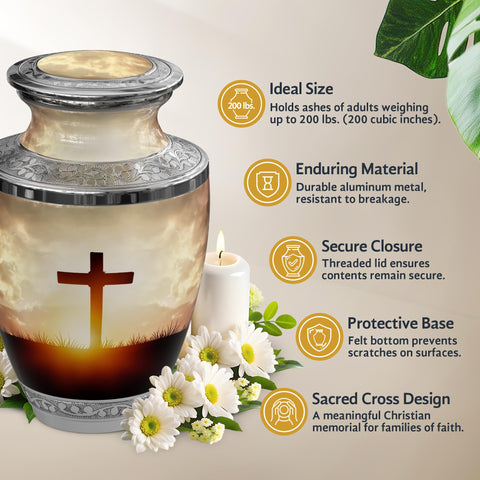Malaika Memorials transcendent cross urn dimensions show 10.5 inches tall and 6.5 inches wide.