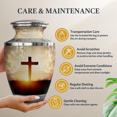 Malaika Memorials transcendent cross urn display on shelf conveys respectful remembrance at home.
