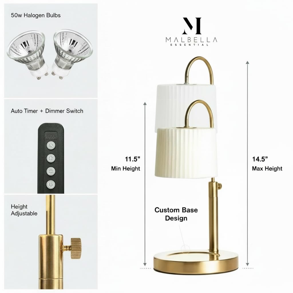 Malbella Essentials adjustable height candle warmer showing flexible fit for candles.
