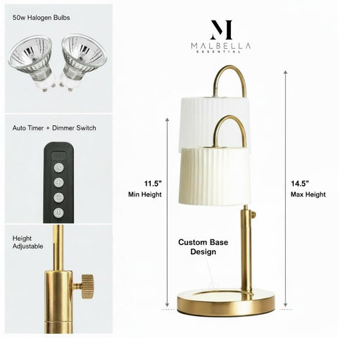 Malbella Essentials adjustable height candle warmer showing flexible fit for candles.