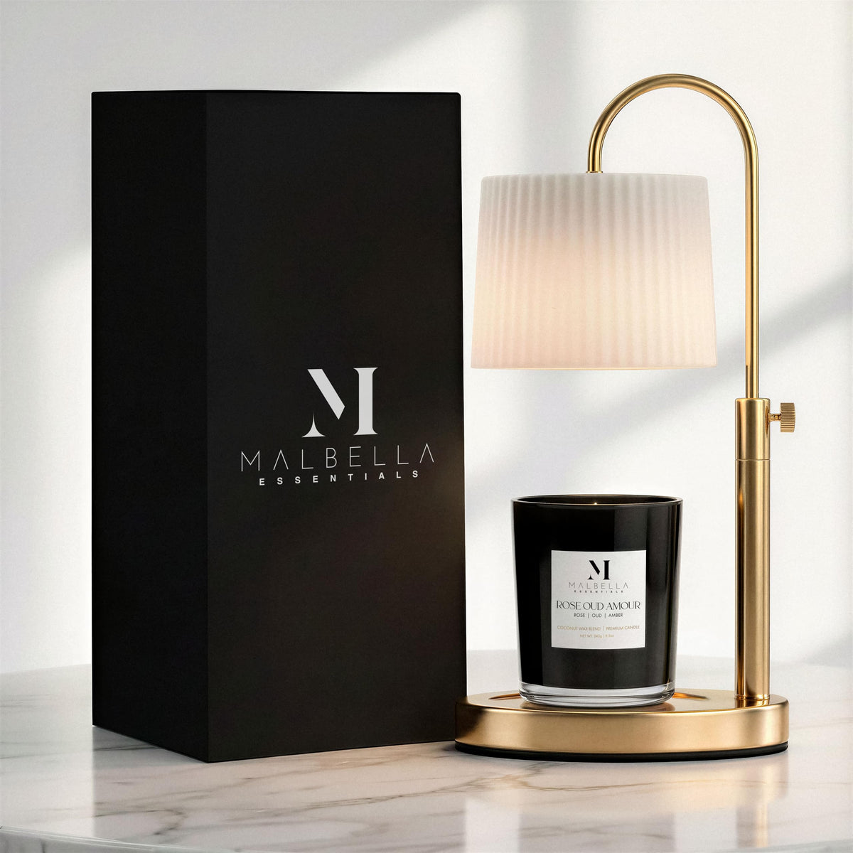 Malbella Essentials dimmable glass candle warmer front view in gold, ideal for varied candle sizes.