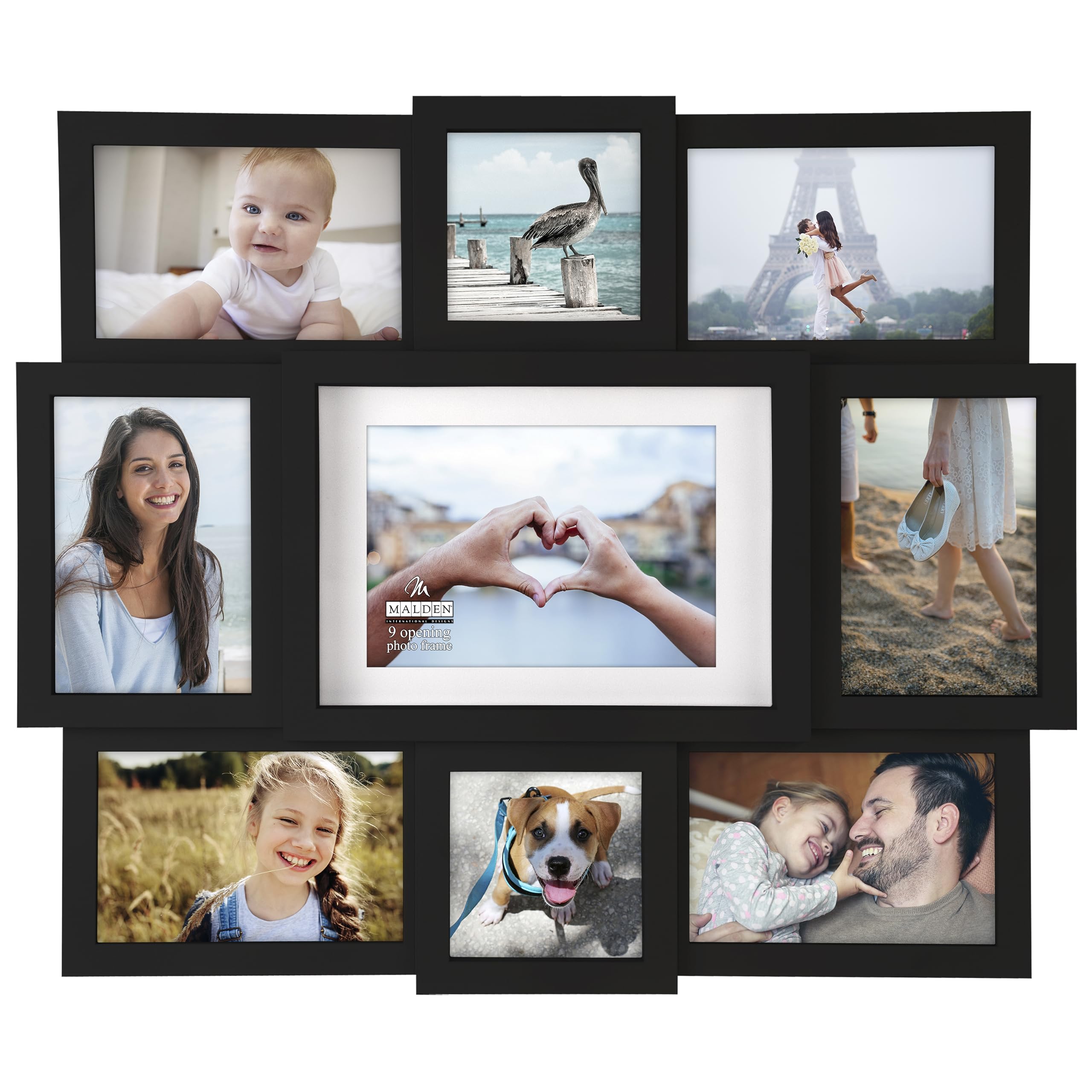 Malden Black 9-opening collage photo frame with interlocking design for versatile wall display and easy hanging.