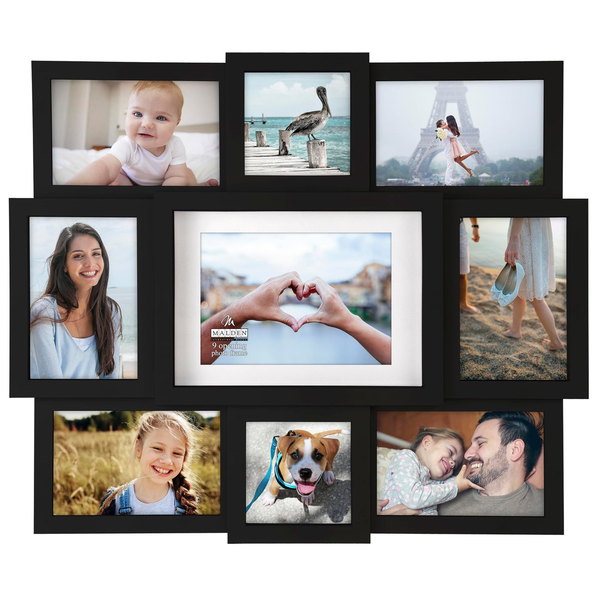 Malden Black 9-opening collage photo frame with interlocking design for versatile wall display and easy hanging.