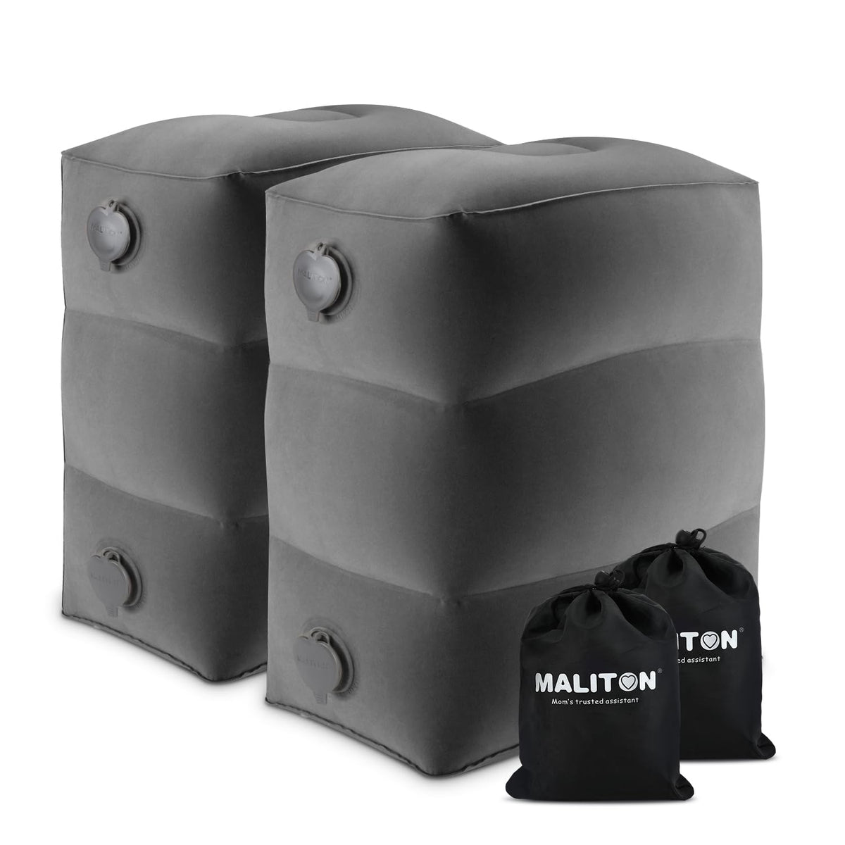 Maliton inflatable foot rest pillow with double-cap valves shows quick inflation for travel