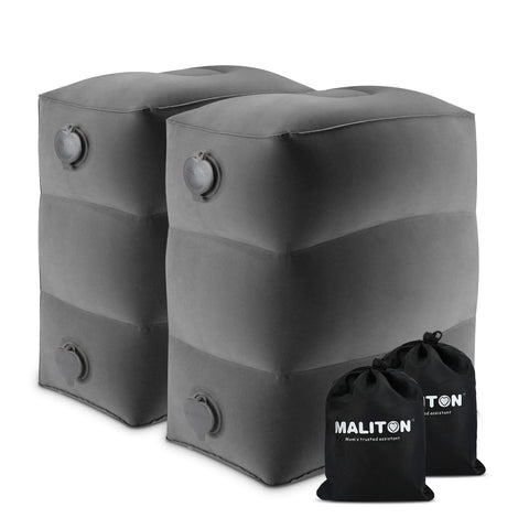 Maliton inflatable foot rest pillow with double-cap valves shows quick inflation for travel