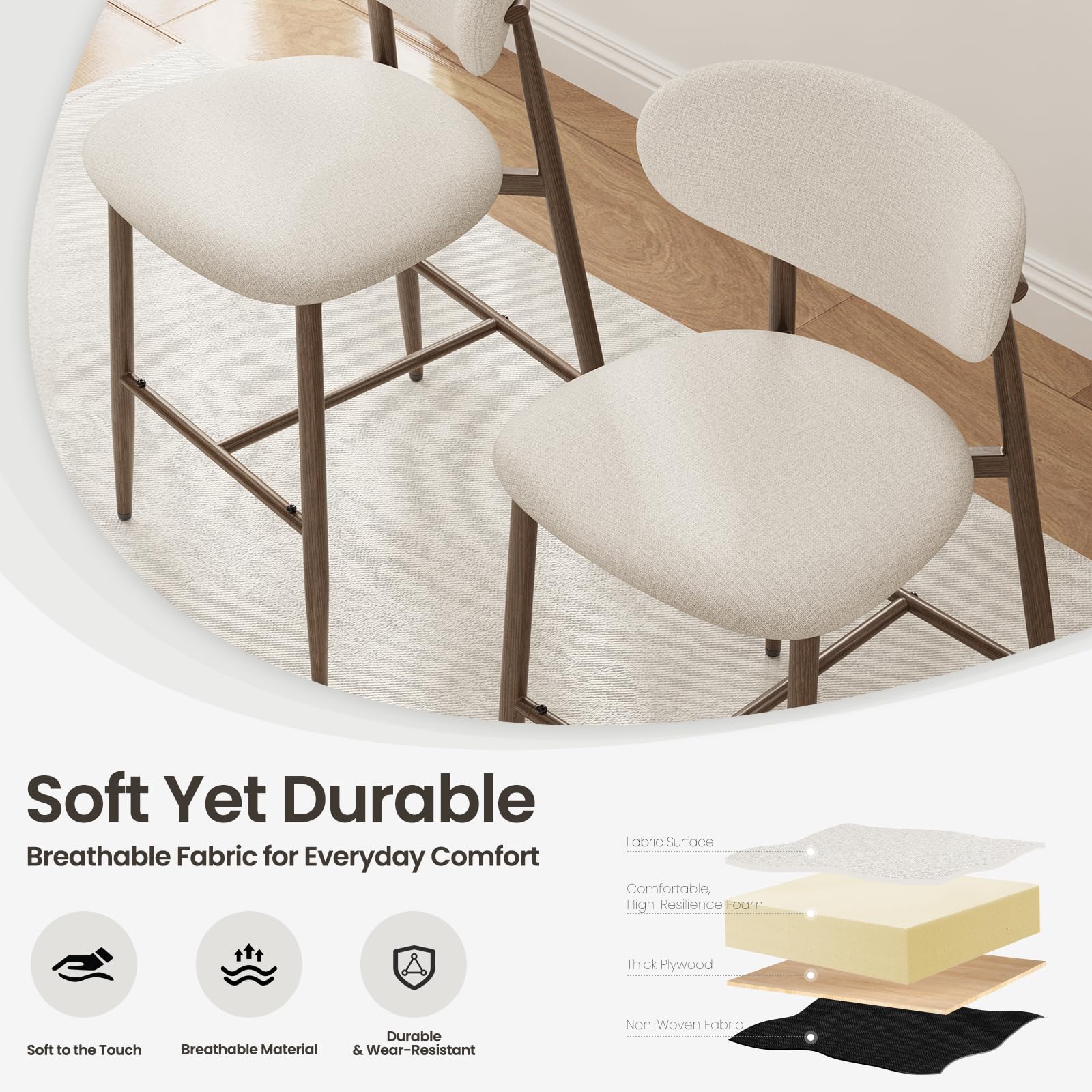 MALOL bar stools with metal legs and cross-support for stable seating