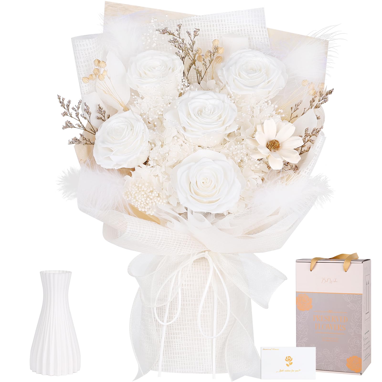 MAMAMIKO preserved bouquet with five white roses for a lasting, elegant centerpiece.