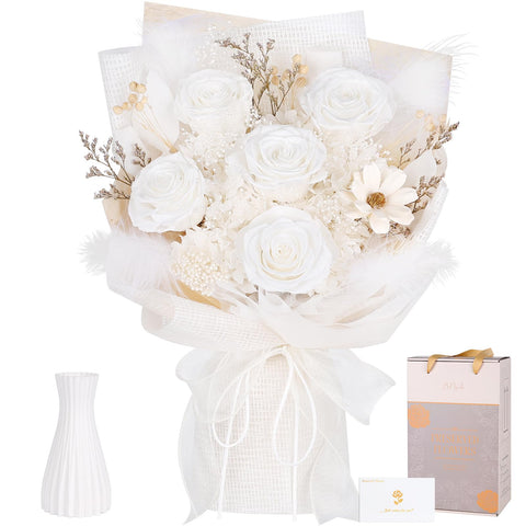 MAMAMIKO preserved bouquet with five white roses for a lasting, elegant centerpiece.