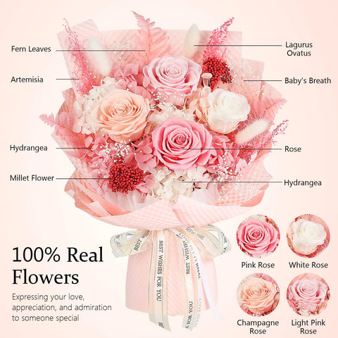 MAMAMIKO pink bouquet with window gift box signals premium unboxing