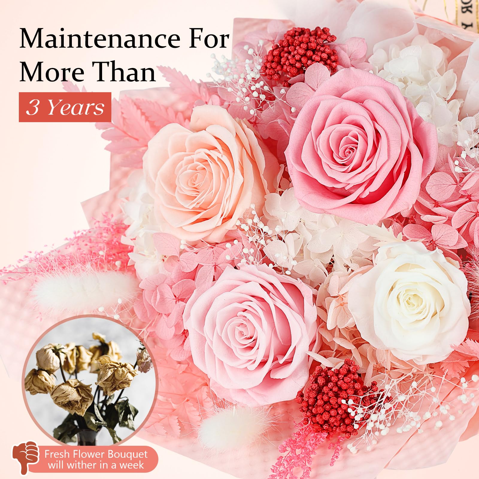 MAMAMIKO preserved flowers in vase packaging highlights gift-ready presentation