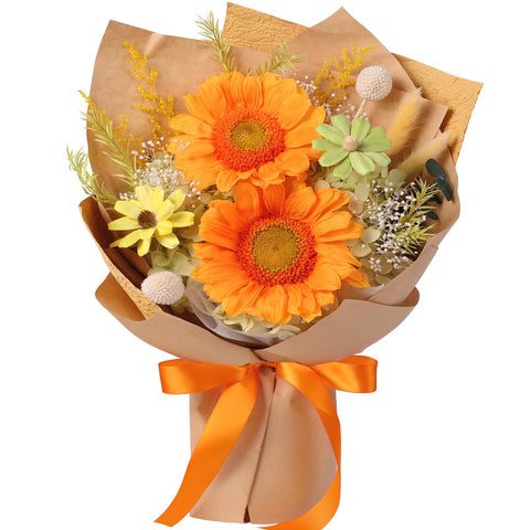 MAMAMIKO preserved sunflowers bouquet with two bright blooms, showcasing long-lasting natural beauty.