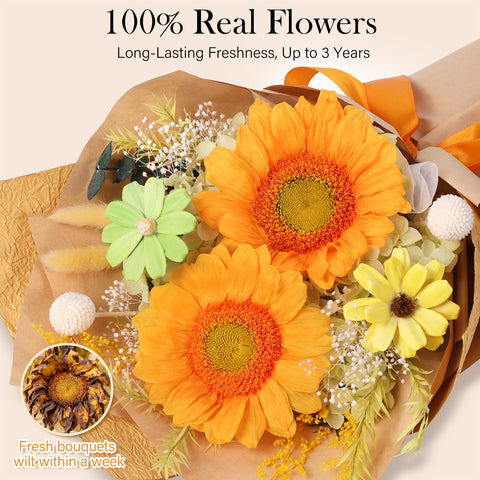 MAMAMIKO sunflowers with hydrangea and filler flowers show vibrant color mix.