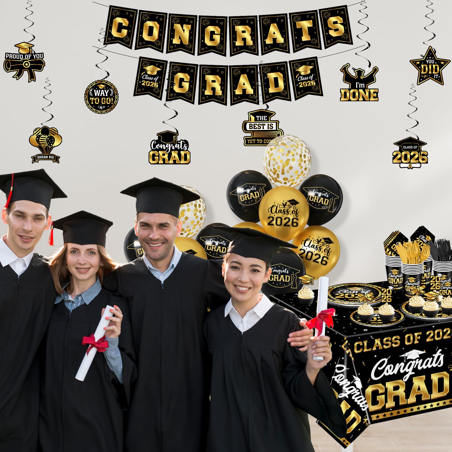 M AMFEOV graduation decorations set ready-to-hang for instant setup.