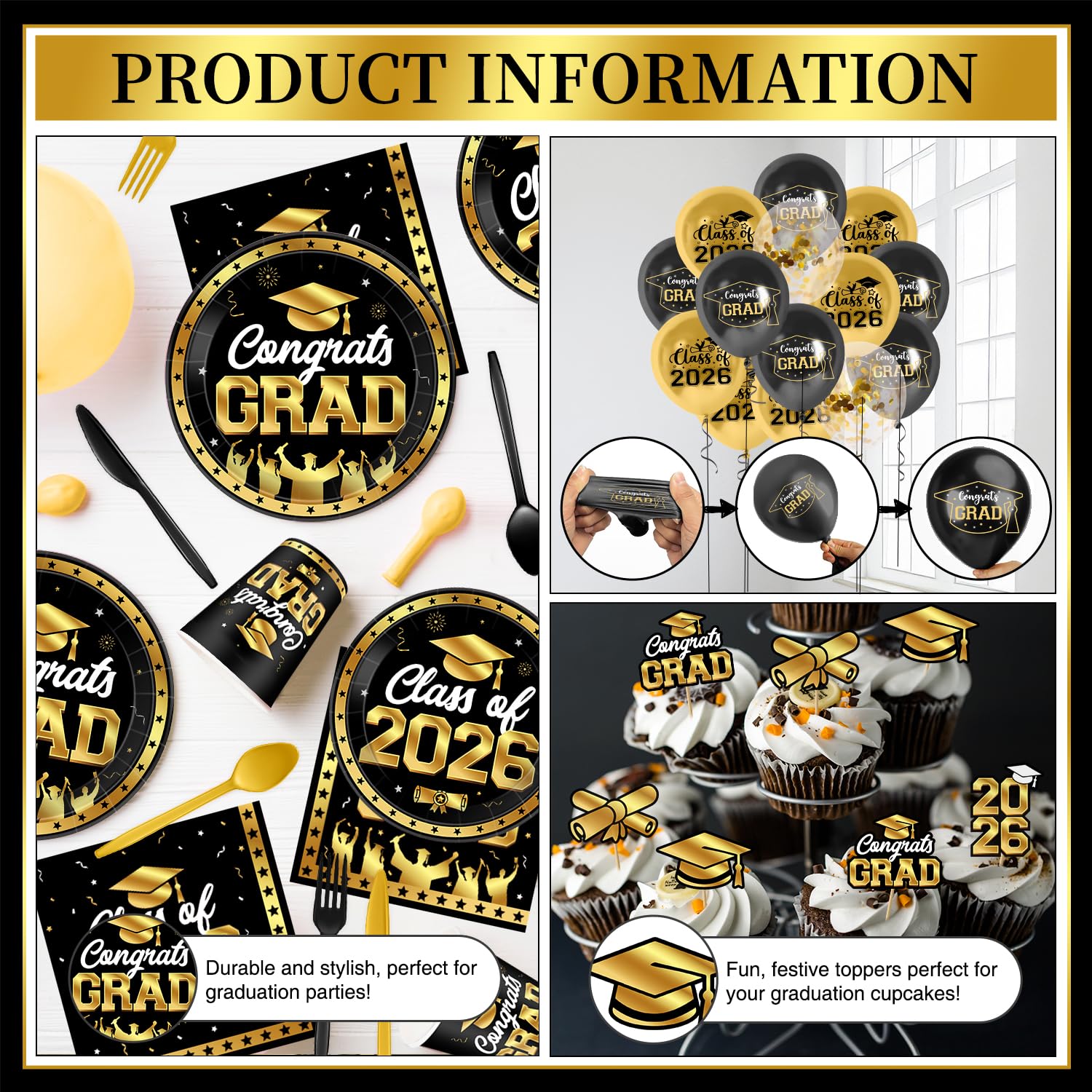 M AMFEOV black gold graduation napkins for quick cleanup.
