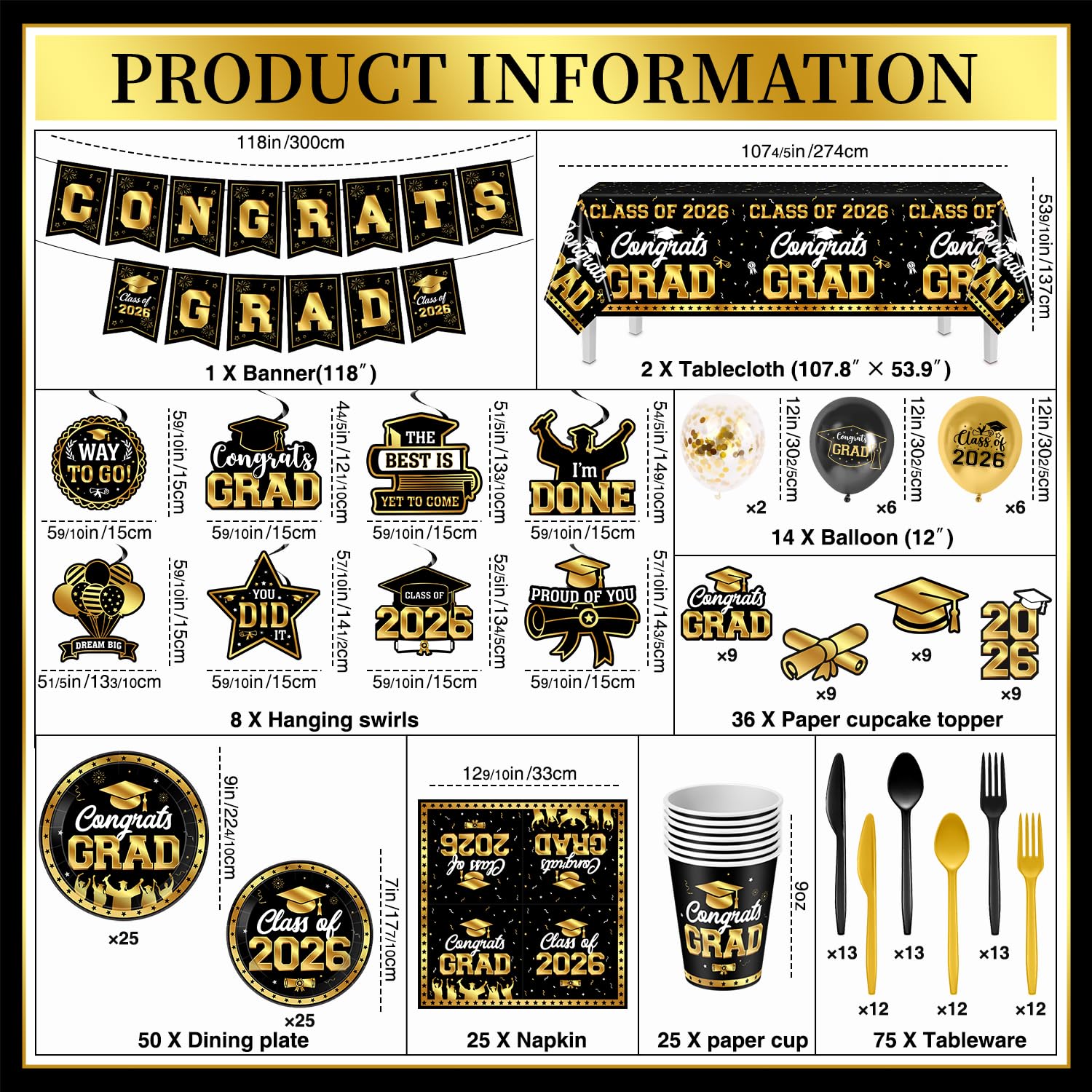 M AMFEOV graduation tablecloth in black and gold for festive tables.