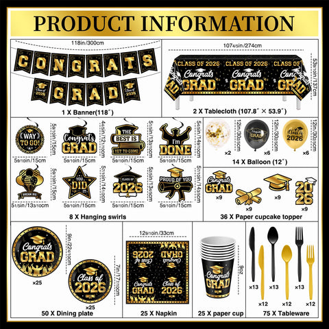 M AMFEOV graduation tablecloth in black and gold for festive tables.