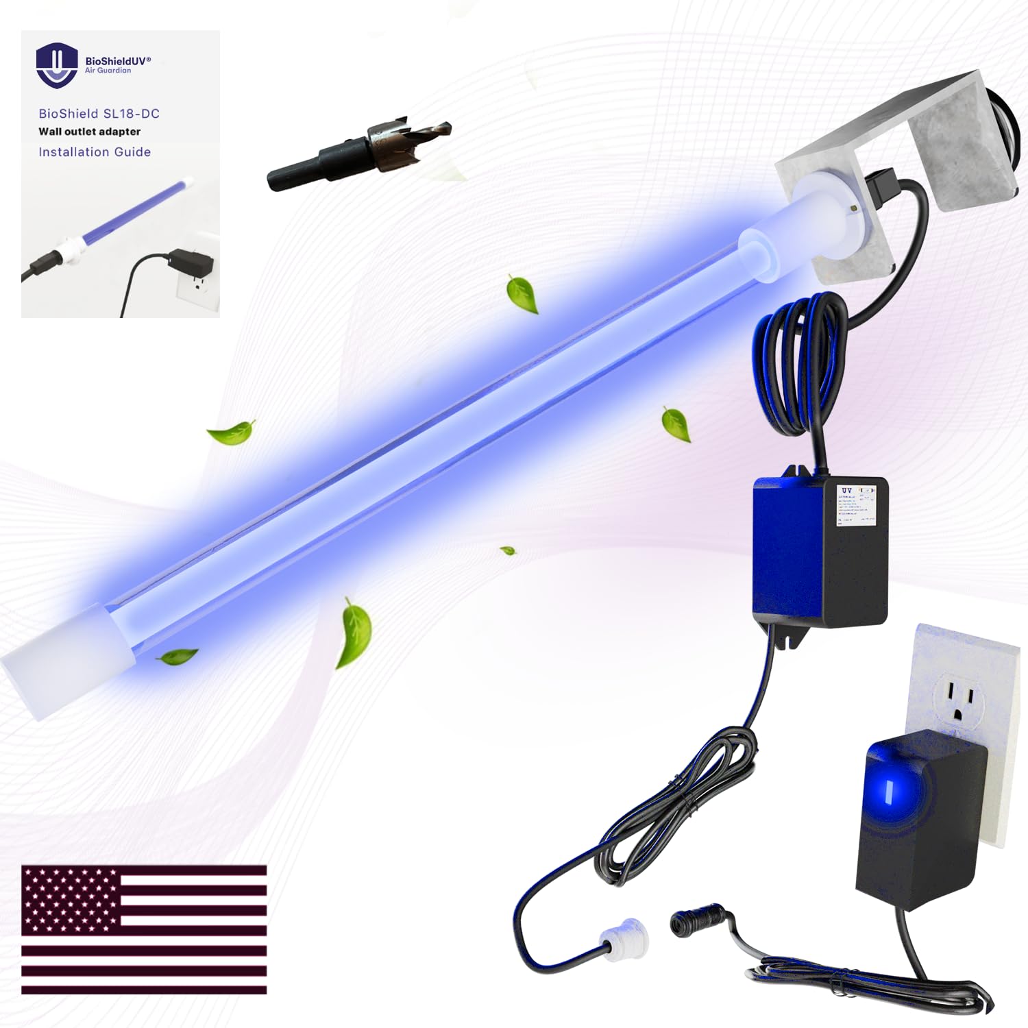 Mammoth BioShieldUV 18W light plugged into outlet for portable air treatment