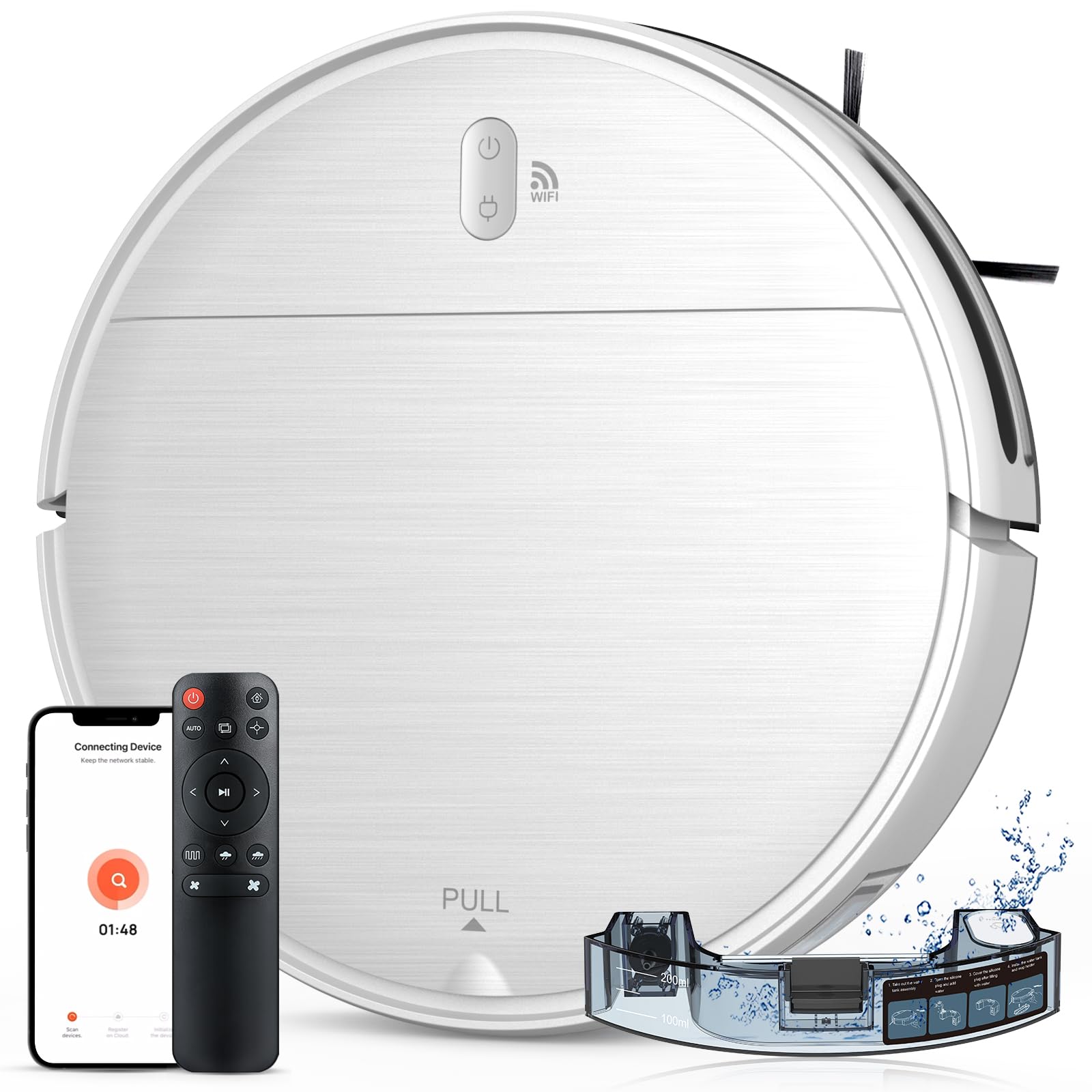 MAMNV robot vacuum and mop combo front view with slim profile for tight spaces.