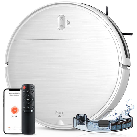 MAMNV robot vacuum and mop combo front view with slim profile for tight spaces.